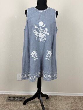ZARA Light Blue Chambray Embroidered Floral Mini Shift Dress Boho Summer